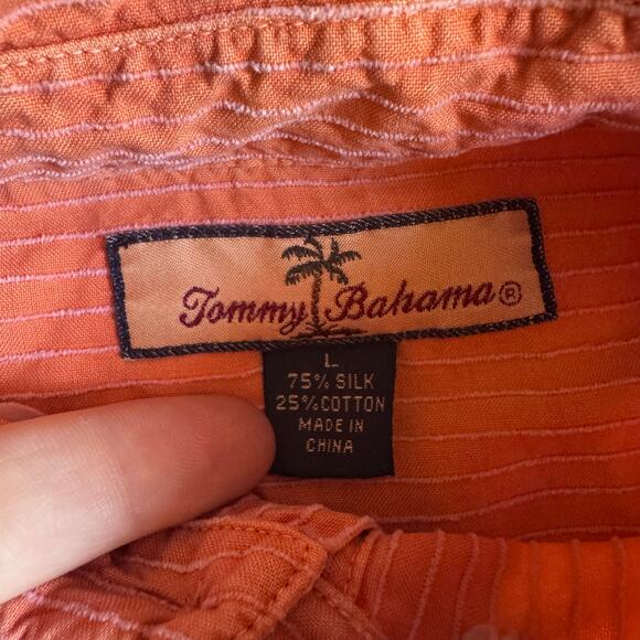 Tommy Bahama L Silk Blend Orange Stripe Shirt Mens L Unisex Beach Vibes - Picture 3 of 14